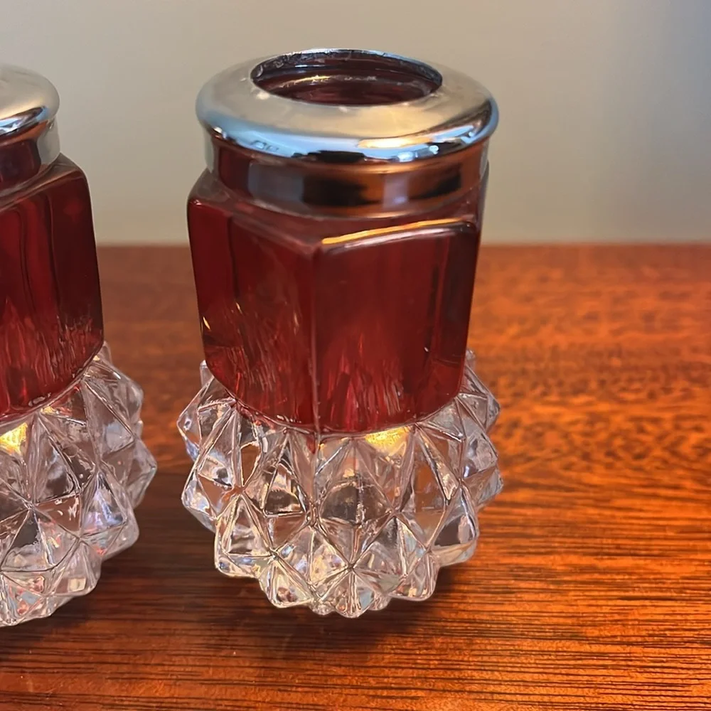 Set of 3 Vintage Ruby Red 3” Painted Crystal Glass Taper Candle Stick Holders